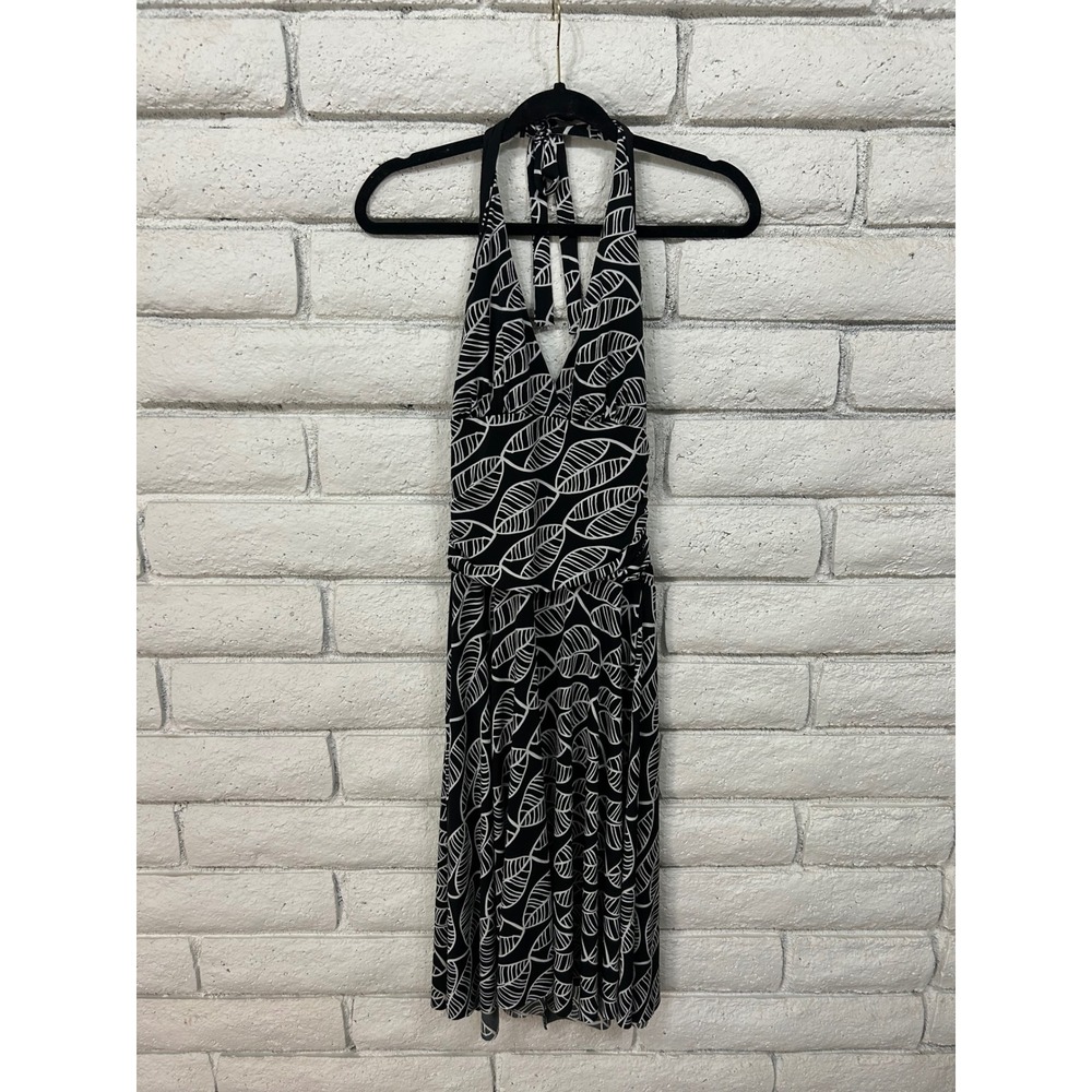 Candies Womens Halter Dress Black White Leaf Print Ruched Waist Size Large